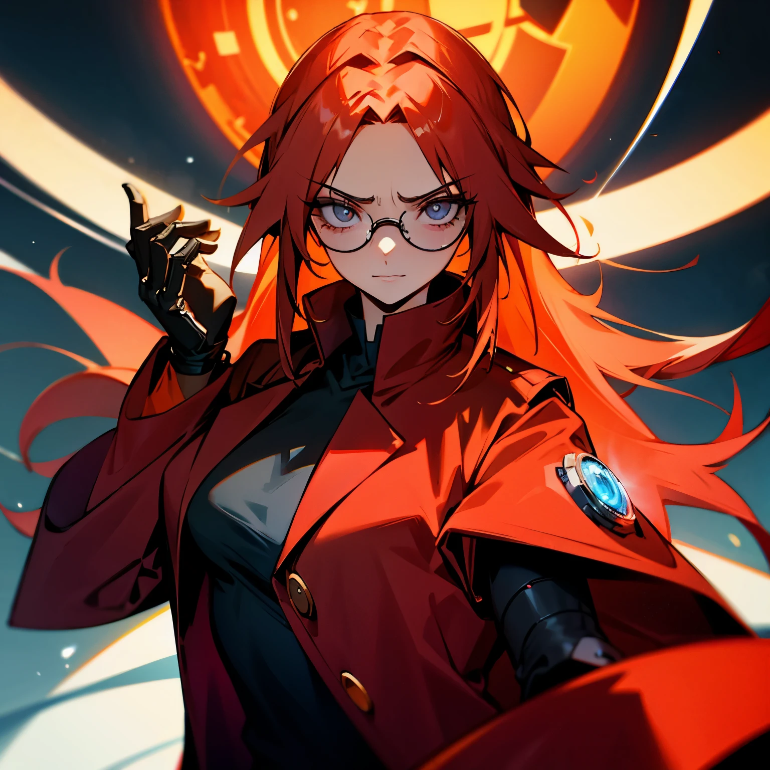 Arrogant cyborg mad scientist woman with large heavy dark circles under her heavy eyes shadows, wearing glasses, wearing a striking red scientist coat, long orange hair cascading down her back, and magical cybernetic limbs.