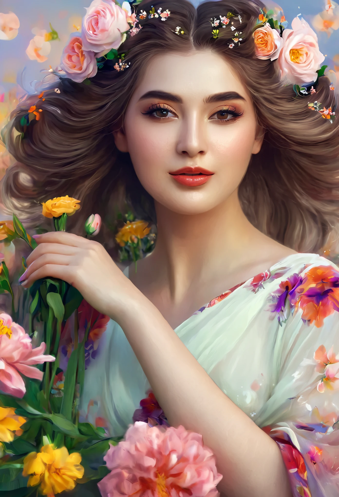 a woman with flowers in her hair posing for a picture, with flowers, beautiful digital artwork, beautiful gorgeous digital art, beautiful digital art, beautiful digital painting, flower goddess, Beautiful woman, Ian J., by Ni Zana, Jin Nong, gorgeous digital art, beautiful digital illustration, beautiful women, Realistic. Cheng Yi