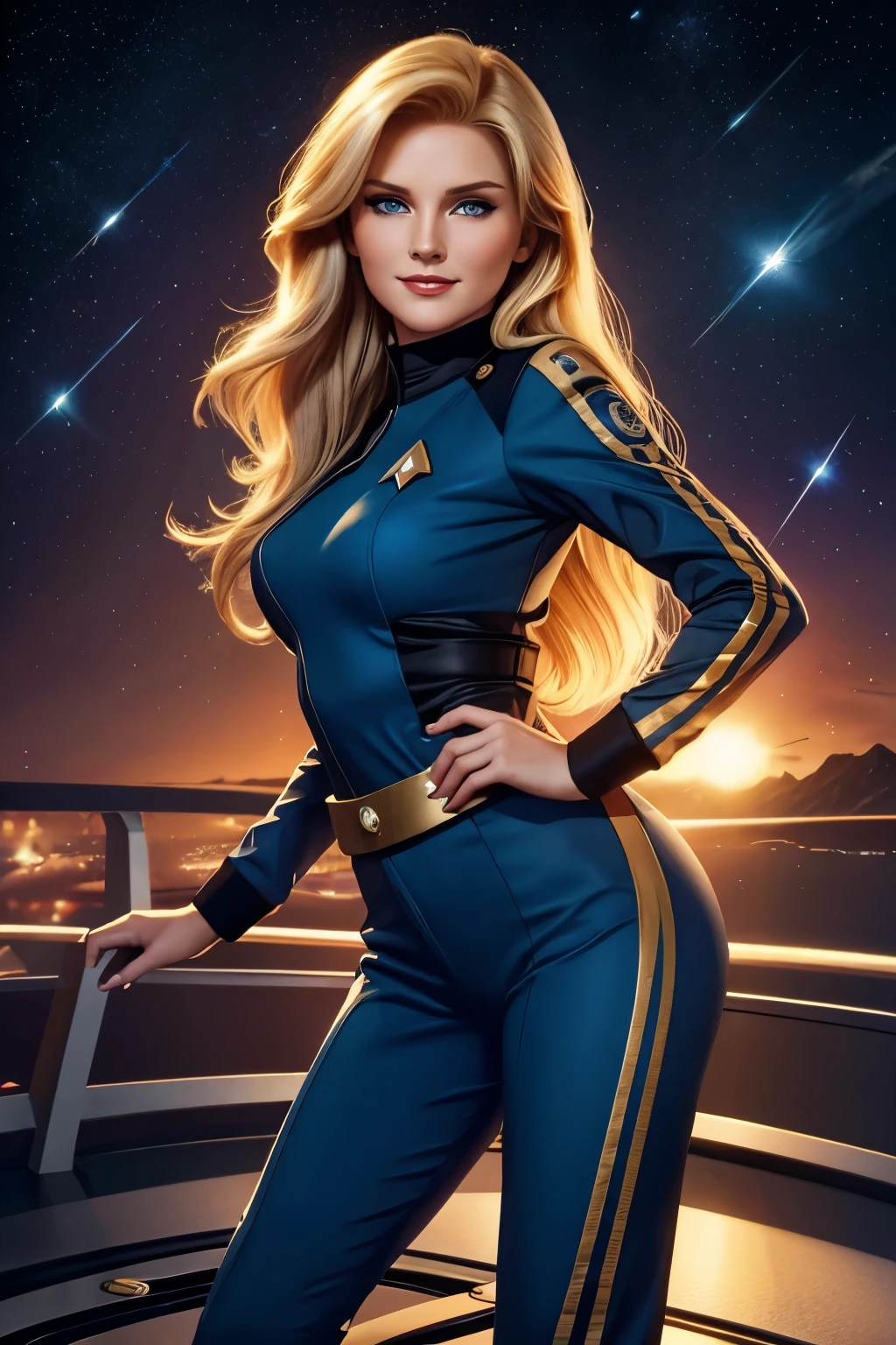 A woman in a blue star trek outfit posing on a boat - SeaArt AI