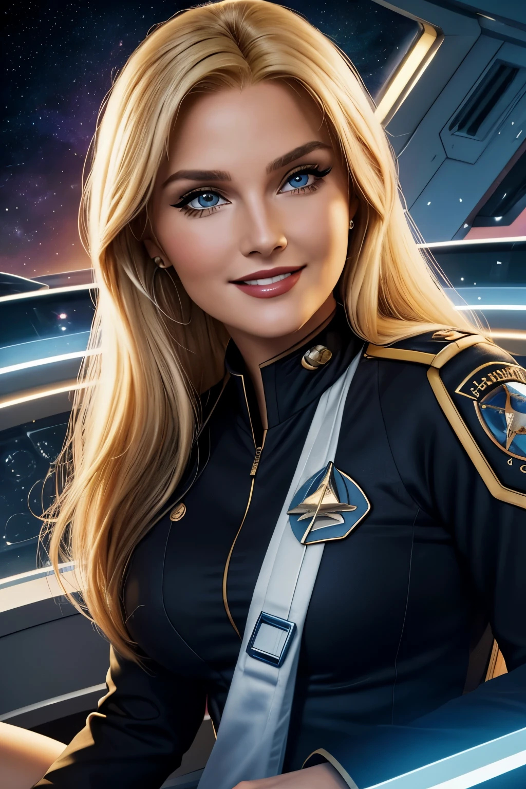 Meisterwerk-Illustration, sehr detailliertes Gesicht, Ganzkörper, ein 20 Jahre altes sexy Space Babe, schöne Denise Crosby mit langen üppigen blonden Haaren, Lidstrich, Lippenstift, Lidschatten, kokettes Lächeln, süßes Glitzern in ihren Augen, jugendlicher Enthusiasmus, auf der Brücke der Enterprise, trägt eine TNG-Uniform, raffinierte Gesichtsdetails, Umgebungslicht von Displays, Felgenlicht,