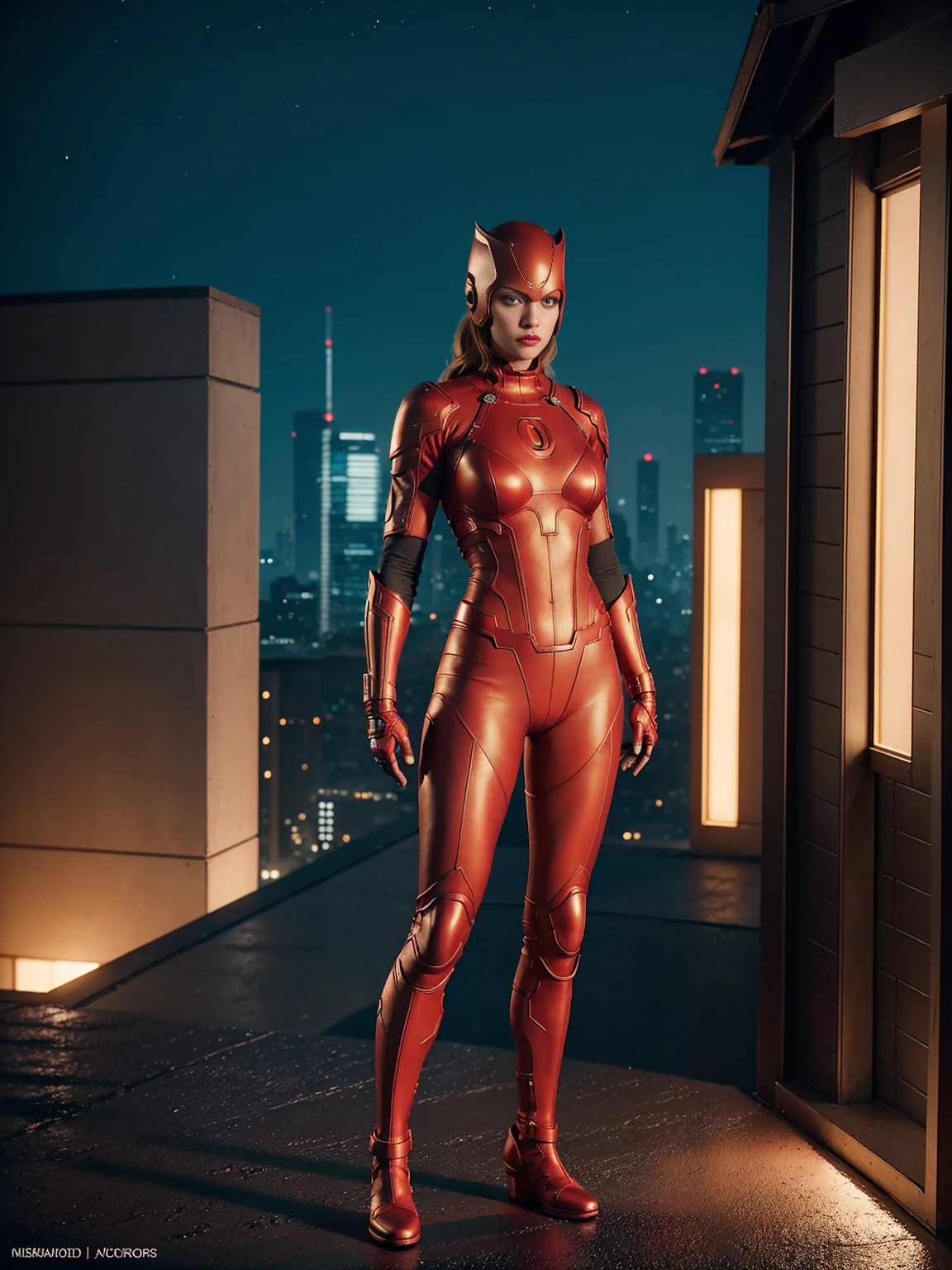 ((Full body photo,standing, feet on the ground))  Amanda Seyfried as Daredevil, wearing cyberpunk red and gold Daredevil armor,  dynamic pose, cleavage, nippin, camel toe, clearly visible pubic shape, partially visible , proper eye position, detailed skin texture, natural skin, backlight, cinematic light, soft light, hips, night time, on rooftop, city background, detailed color graded background, intricate, highly detail, octane render, HD, 8k
