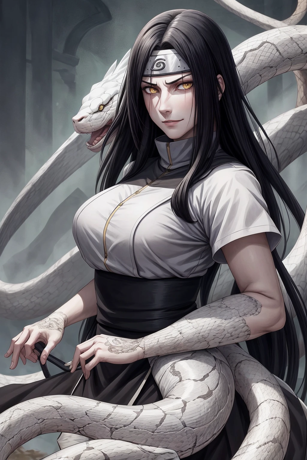 {-erro_de_anatomia:1.0} estilo anime, Masterpiece, absurdities, Orochimaru\(Naruto\), 1girl Solo, Mature woman, Oversized shirt with broad shoulders, Perfect composition, Detailed lips, large breasts, Beautiful face, body proportion, Blush, Long black hair, ( black hair), yellow eyes, Soft gauze, Super realistic, Detailed, photo shoot, Realistic faces and bodies, masterpiece, best quality, best ( white snake) illustration, hyper detailed, 1 girl, solo, glamorous, blushing, upper body, backwards, looking back