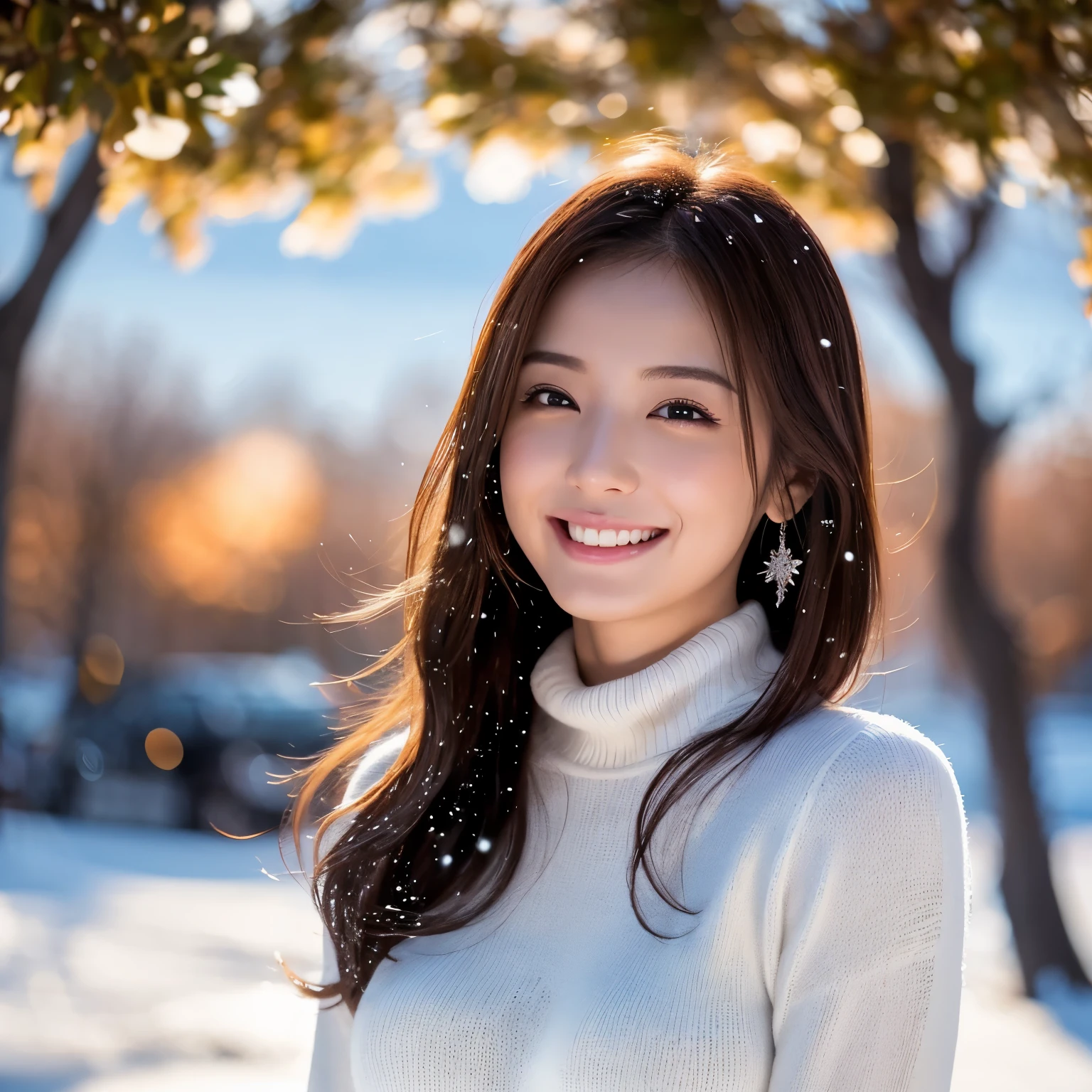 (table top、highest quality、8k、Award-winning work、ultra high resolution)、one beautiful woman、(Perfect burgundy turtleneck long sleeve knit sweater dress:1.1)、(Very fine knit with a smooth texture:1.1)、long hair、(Snowy mountains of Northern Europe:1.1)、snow forest、mysterious forest snow scene、(blurred background:1.1)、(very bright and vivid:1.1)、(very bright and glowing skin:1.1)、(glamorous body:1.1)、(Tightest knit with perfect fit:1.1)、(very big breasts:1.1)、(emphasize body line:1.1)、winter、(the biggest smile looking at me:1.1)、(Smile showing your beautiful perfect teeth:1.1)、A vivid and magical sunset、romantic sunset glow、shining snow、beautiful sunlight filtering through the foliage、epic movie lighting、The sparkle of fine diamond dust、(It&#39;s snowing:1.2)、perfect fit、(accurate anatomy:1.1)、ultra high definition hair、ultra high resolutionの完璧な美しい歯、Ultra high definition beauty face、ultra high definition hair、Super high-definition sparkling eyes、輝くultra high resolutionの美肌、ultra high resolutionの艶やかな唇、epic movie lighting、the most romantic、the moodiest、romantic love feeling