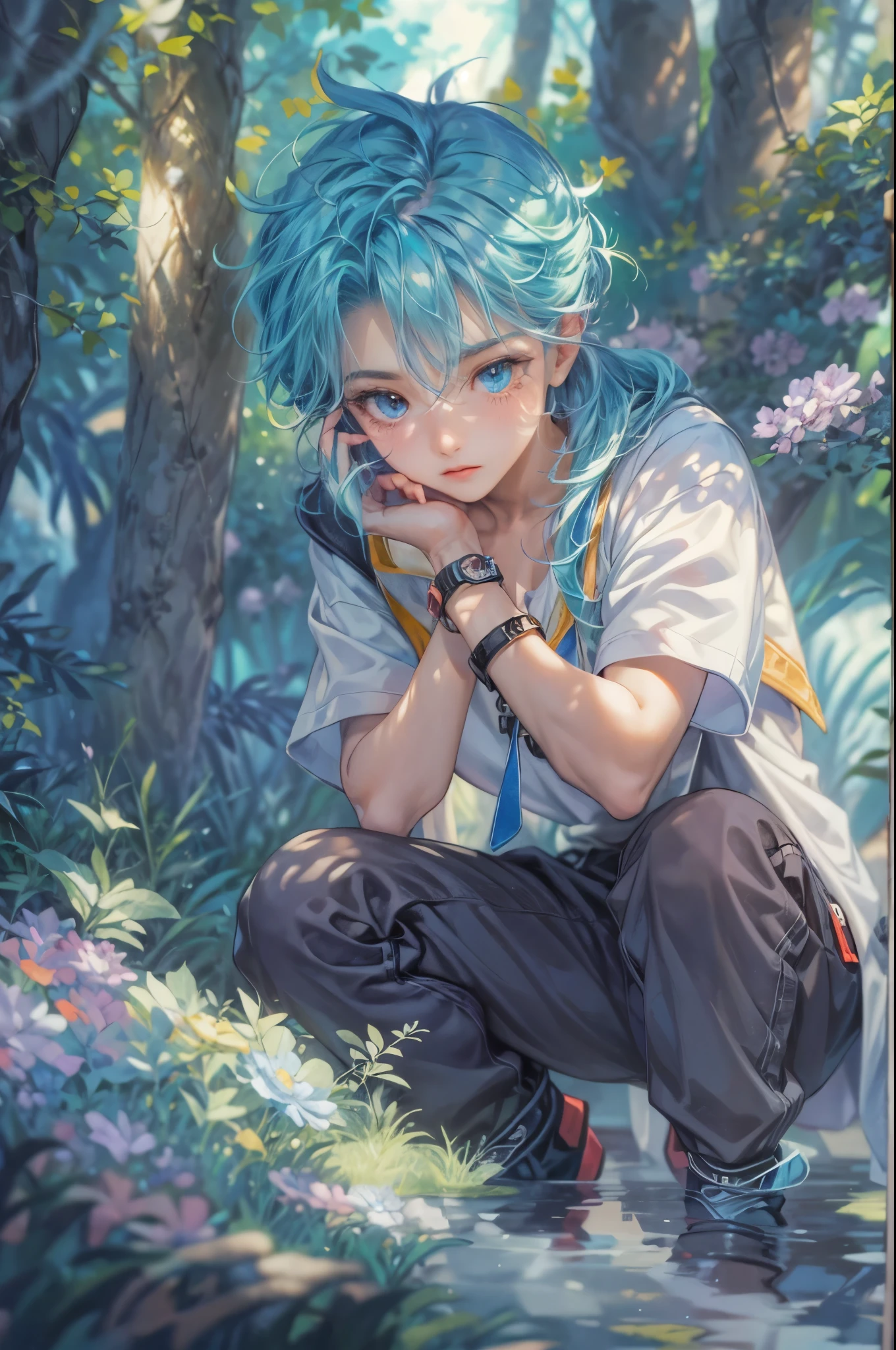 ((Best quality)), ((masterpiece)), (detailed), ((perfect face)), ((halfbody)) handsome face, male, teen boy,  perfect proportions , a character from anime groove adventure Rave, blue hair, male version , hiro mashima art, detailed ghibli forest background, detailed ghibli scenery background 