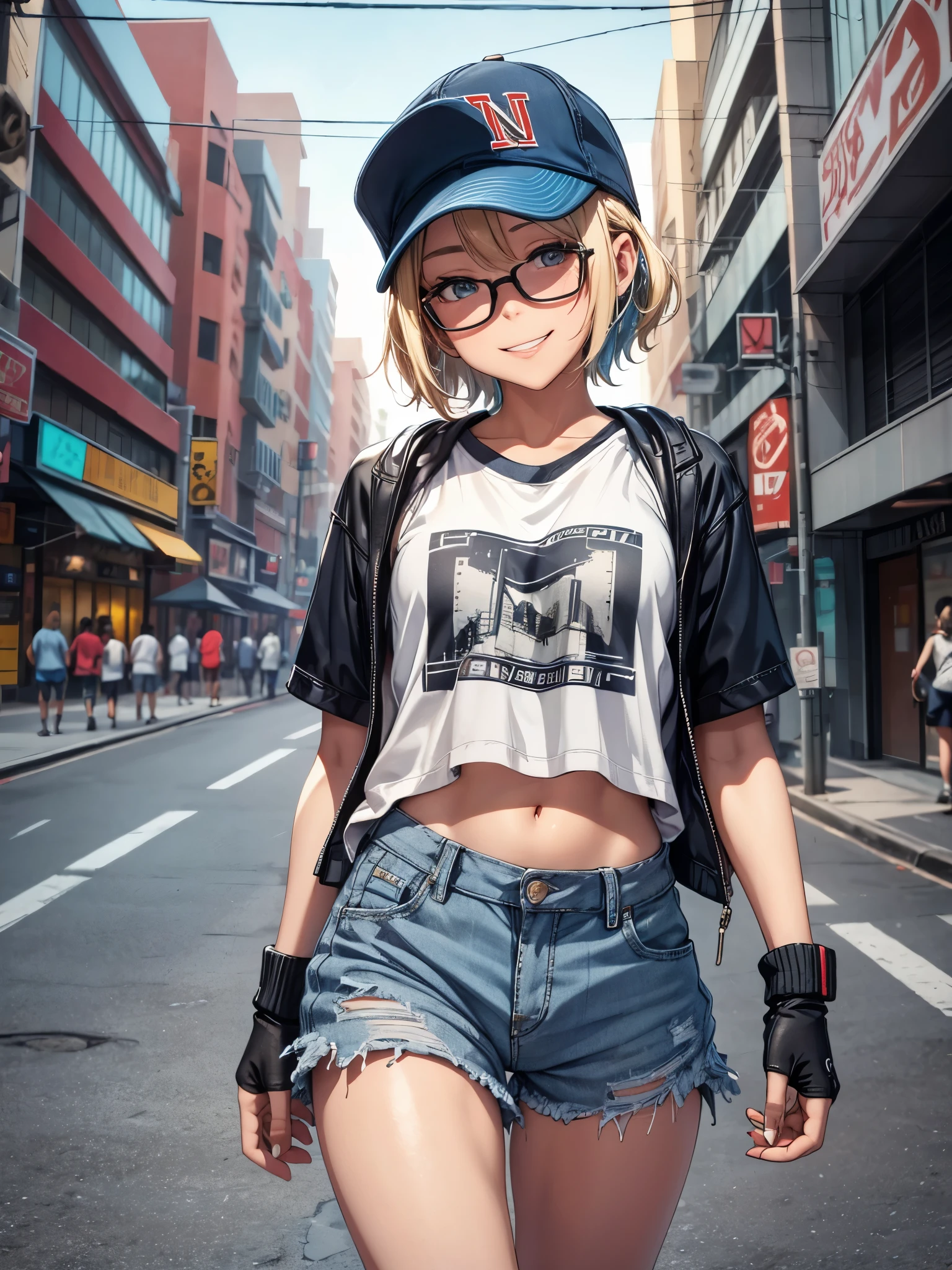 Outside the street,one 18-aged girl, cowboy shot,blonde short hair colored mixed blue hair, baseball cap,walking the street,wearing glasses,grin, smile,natural-make-up,cyber punk fashion,hoodle,leather-shorts, ((loose socks,sneakers))