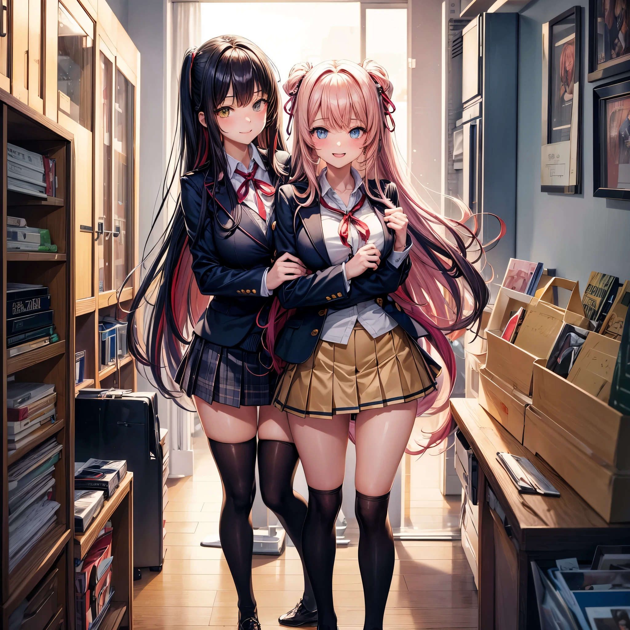 Anime girls in school uniforms standing in a library - SeaArt AI