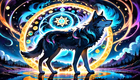elaborate majestic aura gray-wolf with magic circle illustration, profile like oil-painting, extreme fine detail brush work, intricate detail psychedelic graffiti like, solo cat is seasoned and fearless, slender stunning fine detailed bold, falling star wi...