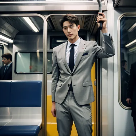 man in the subway，Standing in a subway car，Ultra-flat head，Wearing a suit，huge bulge, leg apart，musculous，Handsome， pervert smir...