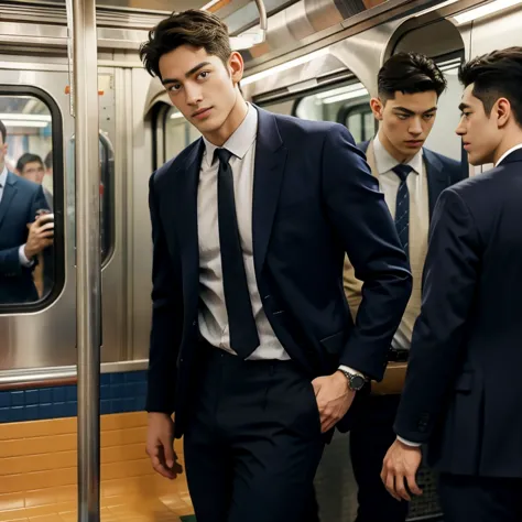 man in the subway，Standing in a subway car，Ultra-flat head，Wearing a suit，huge bulge, leg apart，musculous，Handsome， pervert smir...