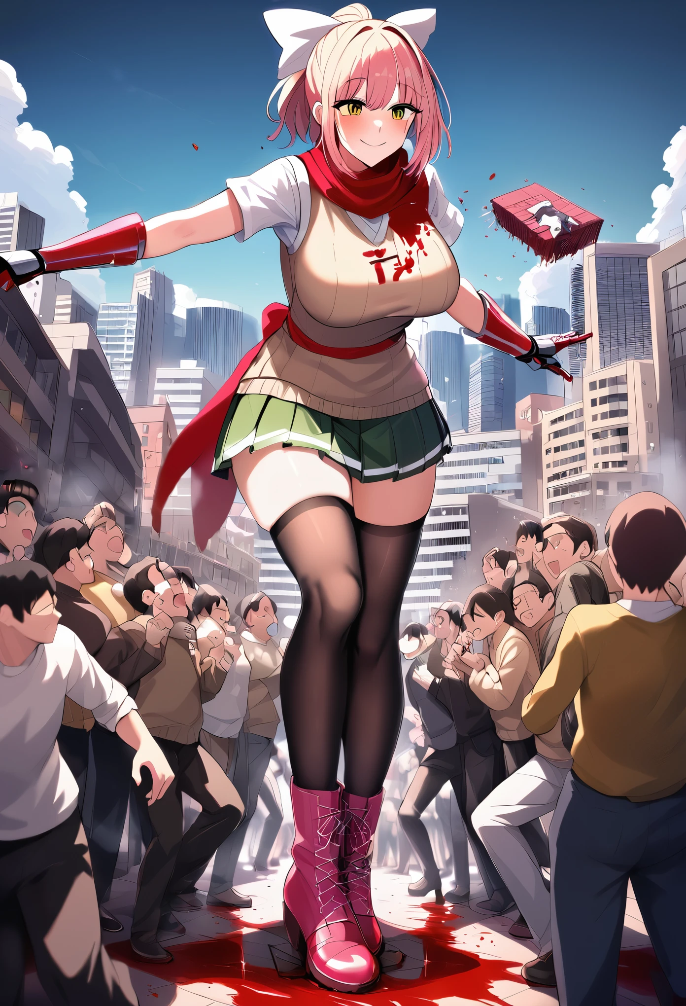 masterpiece, best quality, a giantess trample on shrink man, wearing a dress and pink lace boots, crush shrink man, crush the city, their bodies were crushed and red blood stuck to the soles of the girl's boots, shrink man were crushed by her boots, asuka_sk, pink lace boots, asuka_kunoichi_uniform, 1girl, short hair, ponytail, large breasts, wide hips, red scarf, hair ribbon, white ribbon, gauntlets, light brown sweater vest, pleated skirt, green short skirt, black thighhighs, closed mouth, smile, happy, she crush shrink man, she crush the city, their bodies were crushed and red blood stuck to the soles of her boots, shrink man were crushed by her boots, ultra-detailed, 8k giantess, GTS, giantess girl, crush shrink man, their bodies were crushed and red blood stuck to the soles of her boots, bay, (crowd of people:1.3), below view, taller than buildings,(full body:1.3),gigagts ,city, crush shrink man