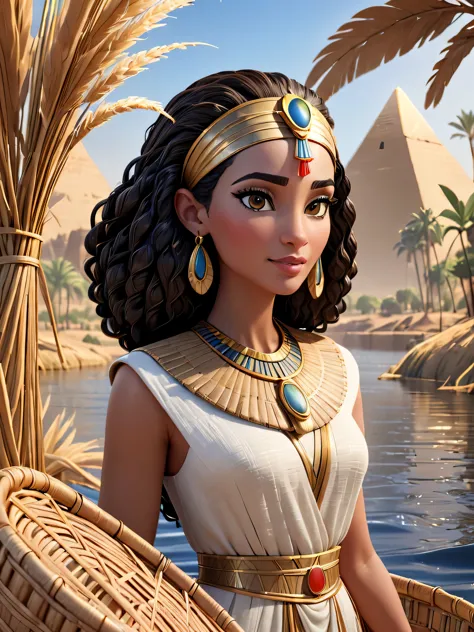 3D Egyptian princess meets Moses, dentro de uma cesta de junco, Fundo do rio Nilo, Pixar render, unreal smooth and cinematic eng...