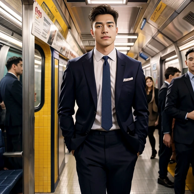 man in the subway，Standing in a subway car，Ultra-flat head，Wearing a suit，huge bulge, leg apart，musculous，Handsome， pervert smirk，exhilarated，full bodyesbian，Exposing thighs， In crowded subway cars， 16k resolution , ultra-high clarity , hyperrealism , ultra hd picture , uhd , details face , details , handsome man , high quality   , nsfw , sexy , bare thighs
