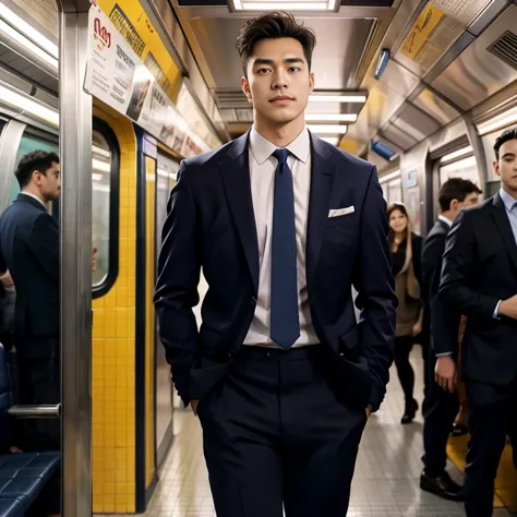 man in the subway，Standing in a subway car，Ultra-flat head，Wearing a suit，huge bulge, leg apart，musculous，Handsome， pervert smir...