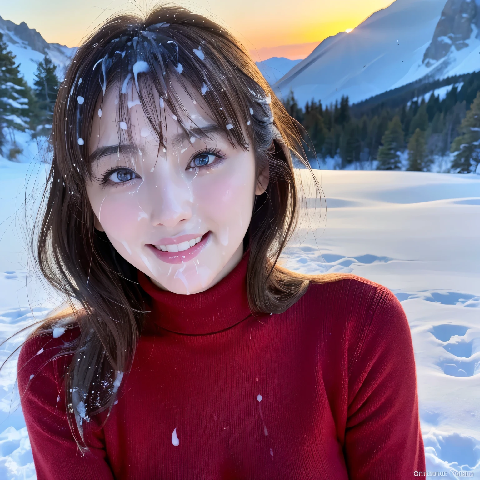 (table top、highest quality、8k、Award-winning work、ultra high resolution)、one beautiful woman、(Perfect red turtleneck long sleeve knit sweater dress:1.1)、(close up of face:1.1)、(Very fine knit with a smooth texture:1.1)、long hair、(Snowy mountains of Northern Europe:1.1)、snow forest、mysterious forest snow scene、(blurred background:1.1)、(very bright and vivid:1.1)、(very bright and glowing skin:1.1)、(glamorous body:1.1)、(Tightest knit with perfect fit:1.1)、(very big breasts:1.1)、(emphasize body line:1.1)、winter、(the biggest smile looking at me:1.1)、(Smile showing your beautiful perfect teeth:1.1)、A vivid and magical sunset、romantic sunset glow、shining snow、beautiful sunlight filtering through the foliage、epic movie lighting、The sparkle of fine diamond dust、(It&#39;s snowing:1.2)、perfect fit、(accurate anatomy:1.1)、ultra high definition hair、ultra high resolutionの完璧な美しい歯、Ultra high definition beauty face、ultra high definition hair、Super high-definition sparkling eyes、輝くultra high resolutionの美肌、ultra high resolutionの艶やかな唇、epic movie lighting、the most romantic、the moodiest、romantic love feeling、(face covered in semen:1.5)、(Knit dress covered in semen:1.1)