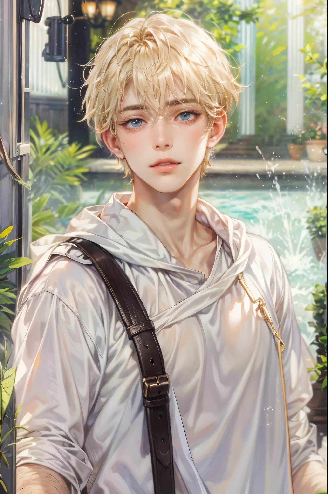 ((Best quality)), ((masterpiece)), (detailed), ((perfect face)), ((halfbody)) handsome face, male, teen boy,  perfect proportions , a character from webtoon the liar and his lover, blonde short hair, male version , detailed workshop background, detailedscenery background 