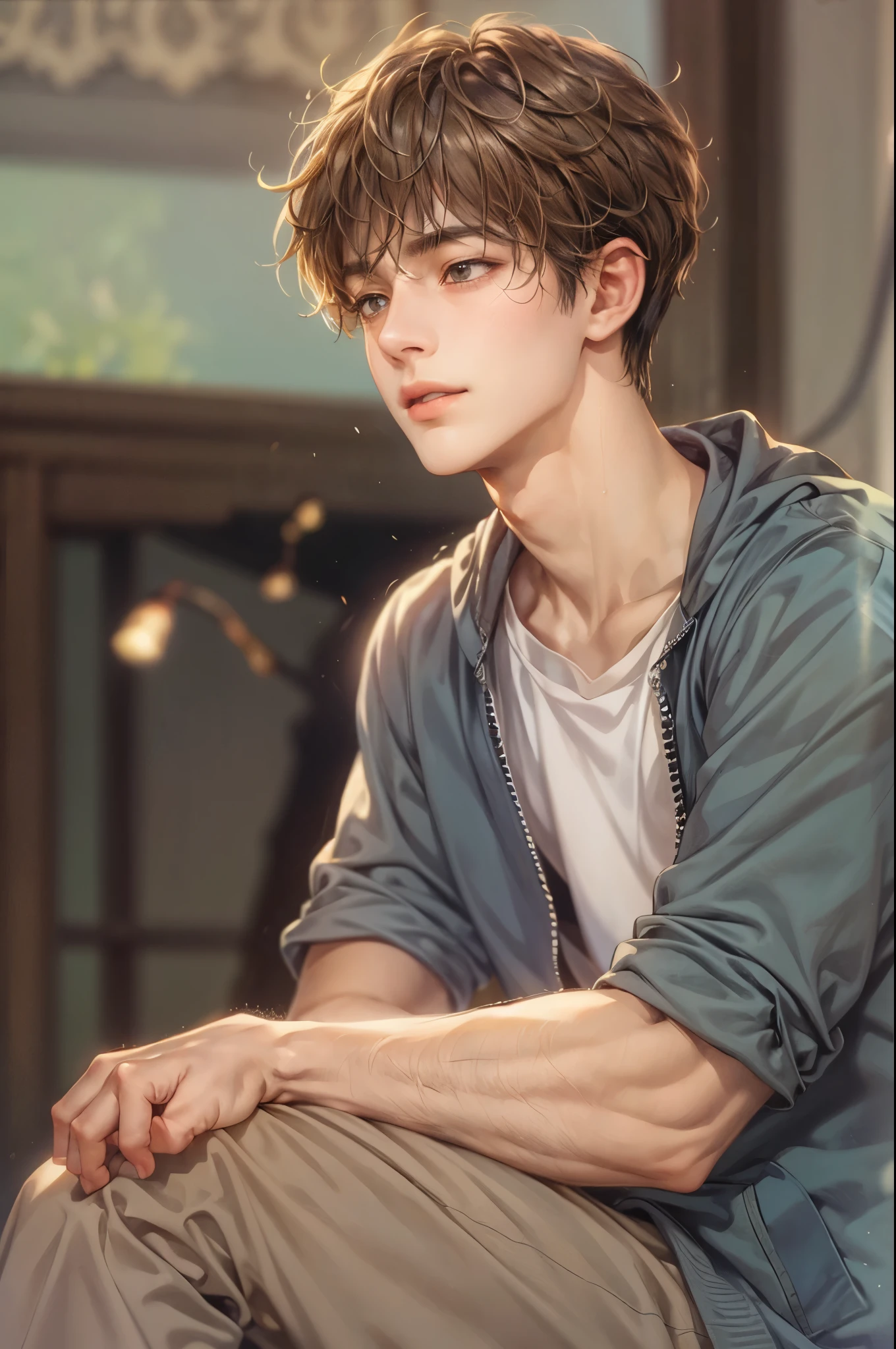 ((Best quality)), ((masterpiece)), (detailed), ((perfect face)), ((halfbody)) handsome face, male, teen boy,  perfect proportions , a character from webtoon the liar and his lover, brown short hair, male version , detailed workshop background, detailed scenery background 