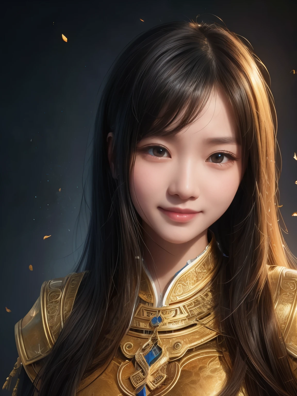 1girl with a big smile in hyper-realistic Chinese portrait style, upper body focus, detailed shading and lighting, by Li Shuxing and Peikang Chen, high resolution, Studio Gobo Render, 4k