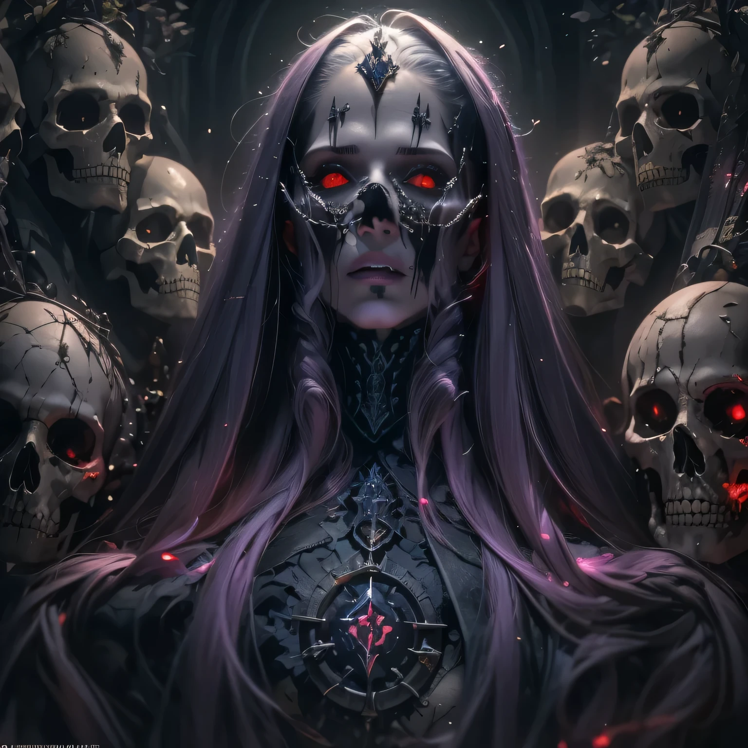 Generate an image of a necromancer standing in the center of a dark and foreboding location. The necromancer's eyes must have a completely white iris, level of detail 1.2. Your face should display a mixture of sensuality and demonic expression. The necromancer's skin should be pale and dead, contrasting with the dark environment. Around the necromancer is a gloomy landscape of rotting and dismembered bodies rising from the earth, souls of the dead and candles light up the symbols of dark magic, level of detail 1.2. The atmosphere must be charged with dark magic, causing visual distortions and creating a frightening and sinister scene, level of detail 1.2. The final image must be created in CGI and Unreal Engine, with a soft focus effect. The image should not be based on a specific photograph, but should look realistic. The image composition should evoke a sense of technology and high-quality craftsmanship, reminiscent of a masterpiece of illustration and CG art. The composition must include elements of unity, wallpaper and official art. The final image must present fine details, extreme delicacy and beauty, with sharp focus and a high level of detail. The construction of the image must be procedural, based only on the information provided in this text.