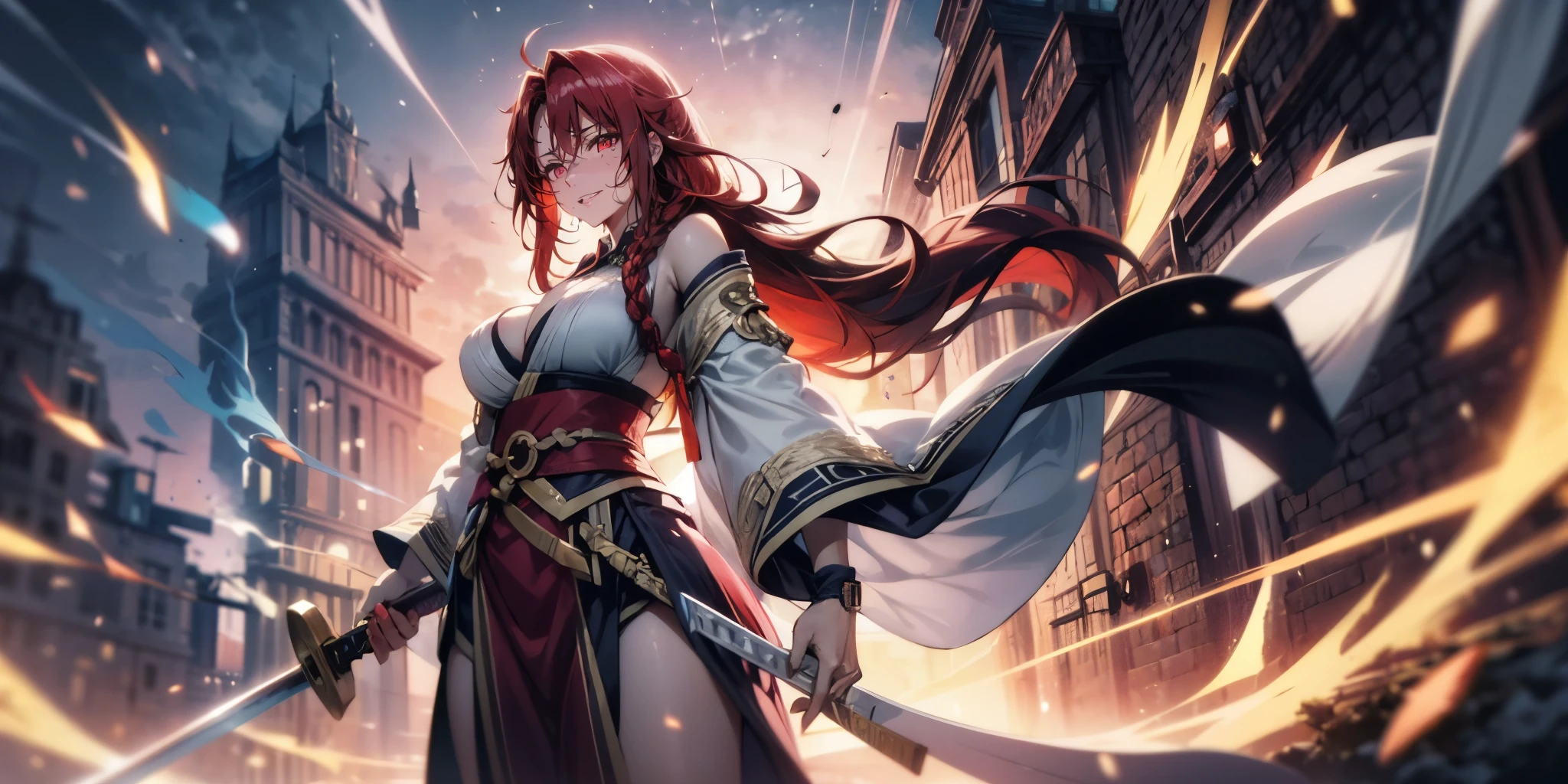 red hair, long hair, braid, red eyes, anatomically correct, hanfu, holding katana, Motion blur, Depth of field，A place where strange boulders are bent，The moonlight shone on the side of the girl's face，22 year old，realisticlying，Female Taoist，no-bra，vacuum，Extra-long sleeves，Off-the-shoulder attire，huge tit，cleavage，Hanfu long skirt，Extra-long hair（1.9），Color gradient for long hair(1.5)，Messy hair，Taoist sword，Taoist costumes，Taoist charm，Barefoot，realskin，realcumAI，Snow-white skin，Snow-white thighs，Top image quality，Extreme light and shadow，From below，Colorful tights，High details，Standing painting，lines of movement，Panorama sword dance，Dance，Glowing water surrounds you，Glowing gas surrounds you，From below