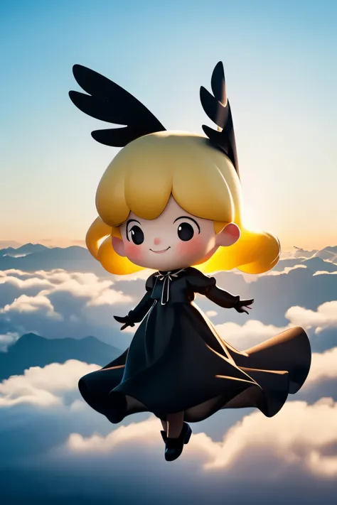 Blonde girl with black wings and black pearls in a white dress of transparent thin fabric、Shine、Flying above the clouds、smile、From the side
