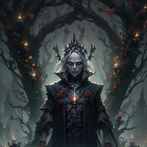 Generate an 8k image of a necromancer standing in the center of a dark and foreboding location. His face is ultra detailed, the ...