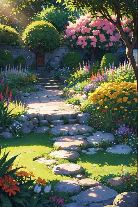 portrays a vibrant garden with a stone pathway, surrounded by a variety of plants and flowers, all bathed in sunlight. It’s a peaceful and inviting scene, suggestive of a private, well-maintained garden space, 8k, uhd, 