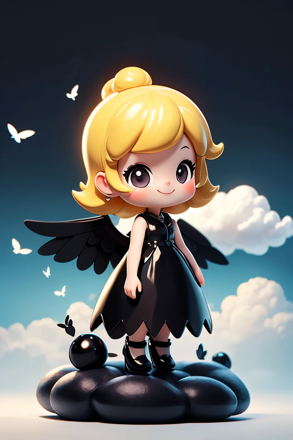 Blonde girl with black wings and black pearls in a white dress of transparent thin fabric、Shine、Flying above the clouds、smile、From the side