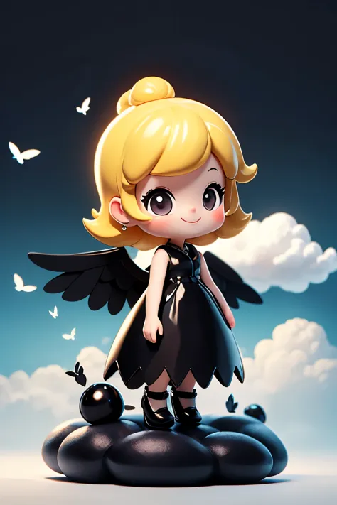 Blonde girl with black wings and black pearls in a white dress of transparent thin fabric、Shine、Flying above the clouds、smile、Fr...