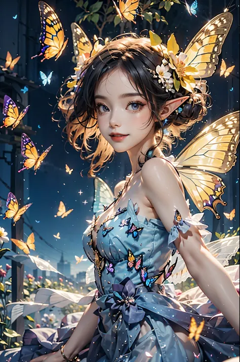 best quality，masterpiece，16k，1girl, antennae, bare shoulders, blue butterfly, blue wings, breasts, butterfly, butterfly hair orn...