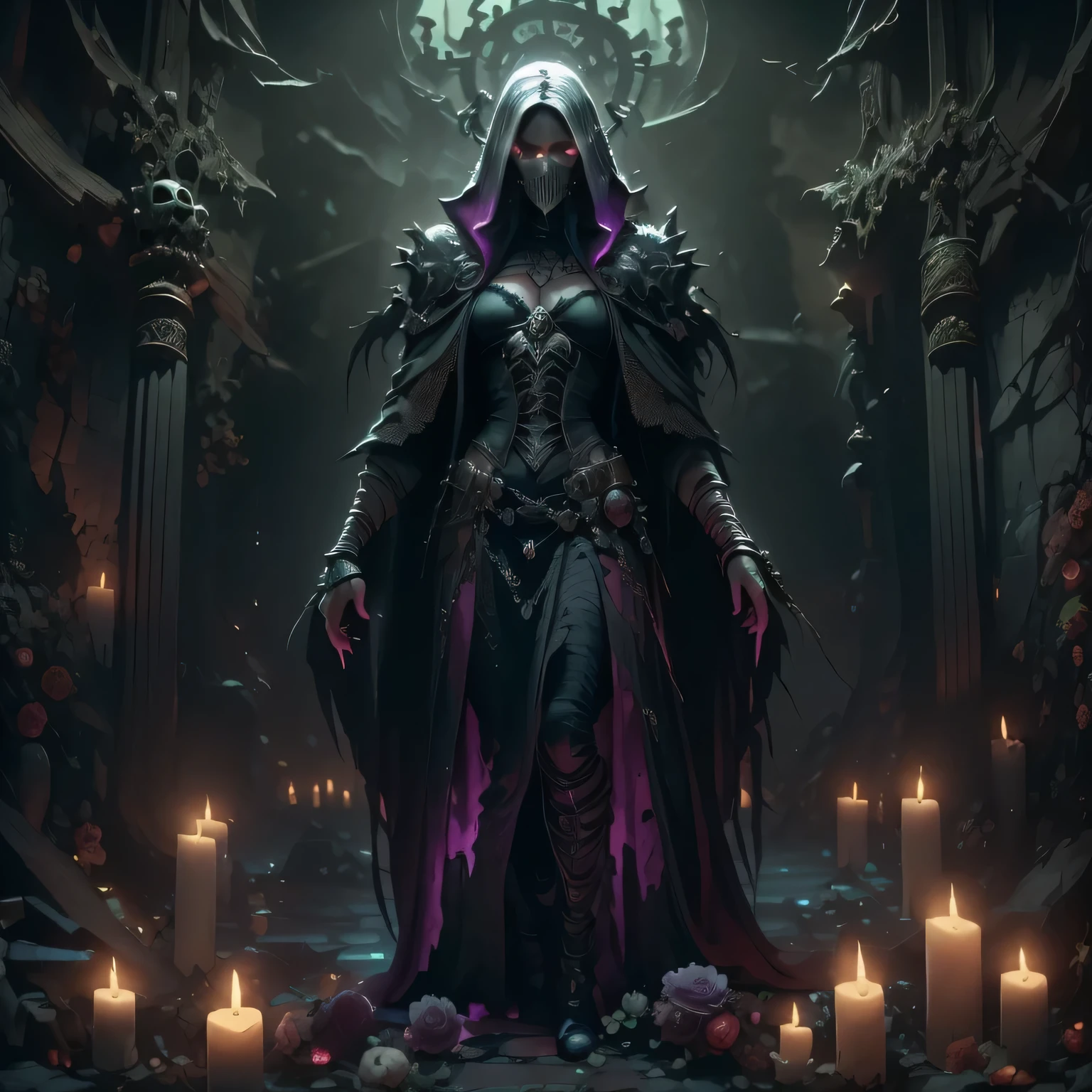 Generate an 8k image of a necromancer standing in the center of a dark and foreboding location. His face is ultra detailed, the necromancer's eyes must have a completely white iris, level of detail 1.2. Your face should display a mixture of sensuality and demonic expression. The necromancer's skin should be pale and dead, contrasting with the dark environment. Surrounding the necromancer is a shadowy landscape of rotting, dismembered bodies rising from the earth, souls of the dead, and candles illuminating the symbols of dark magic, detail level 1.2. The atmosphere must be charged with dark magic, causing visual distortions and creating a frightening and sinister scene, level of detail 1.2. The final image must be created in CGI and Unreal Engine, with a soft focus effect. The image should not be based on a specific photograph, but should look realistic. The image composition should evoke a sense of technology and high-quality craftsmanship, reminiscent of a masterpiece of illustration and CG art. The composition must include elements of unity, wallpaper and official art. The final image must present fine details, extreme delicacy and beauty, with sharp focus and a high level of detail. The construction of the image must be procedural, based only on the information provided in this text.
