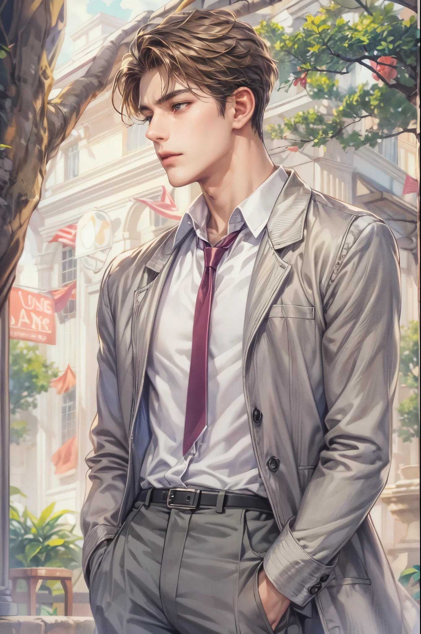 ((Best quality)), ((masterpiece)), (detailed), ((perfect face)), ((halfbody)) handsome face, male, teen boy,  perfect proportions , a character from manhwa webtoon business proposal, short hair, male version , detailed background, detailed scenery background 