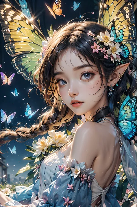 best quality，masterpiece，16k，1girl,butterflies on the head,butterfly on shoulder, antennae,butterfly in hand, blonde hair, blue ...