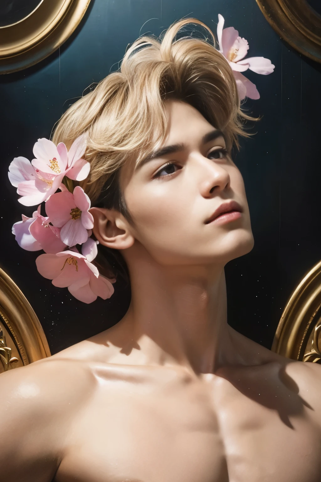 a muscular, 1 muscular man, solo, (oil painting:1.5), (NSFW:1.2), a muscular man wearing nothing completely naked, joyfully twirling in the raining paint, 1boy, short hair, floral, Lycianthus ,In light pink and light blue styles..., Dreamy and romantic composition..., dripping flowers on his face, in the style of collage-based, made of insects, william wegman, colorism, white background, pencil art illustrations, national geographic photo, luxurious, extravagant, stylish, , opulent, elegance, stunning beauty, professional, high contrast, detailed, Depict a dreamy, whimsical scene with elements that seem to merge with the background,
