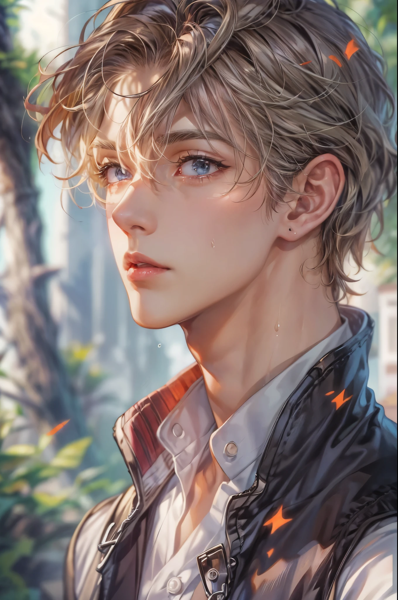 ((Best quality)), ((masterpiece)), (detailed), ((perfect face)), ((halfbody)) handsome face, male, teen boy,  perfect proportions , a character from anime sorcerer hunters, short hair, male version , detailed background, detailed scenery background 