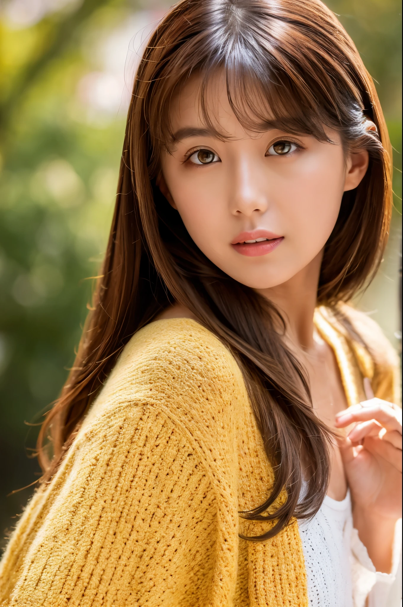8K, highest quality, masterpiece, realistic, Photoreal, super detailed, Natural light, Highly detailed face and skin, detailed eye, Highly detailed face and skinの中間ショット, beautiful woman looking at camera, sexy pose, beautiful face, realistic face, detailed face, beautiful hairstyle, realistic eyes, fine eyes, realistic skin, fine skin, beautiful skin, Charm, 超Realistic, sexy yellow cardigan, kid, brown hair, cute japanese girl, whole body