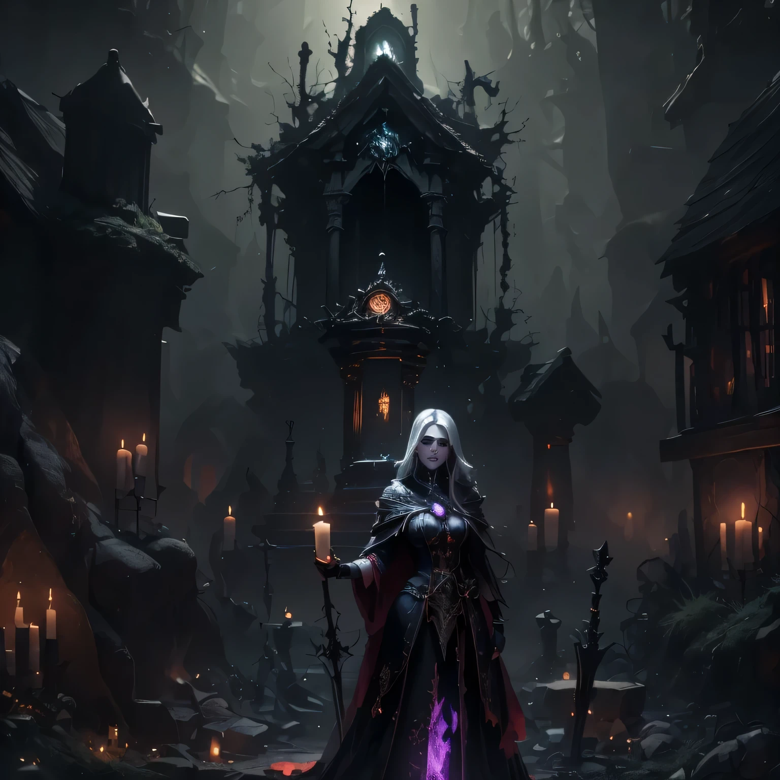 Generate an image of a necromancer standing in the center of a dark and foreboding location.
   The necromancer's eyes must have a completely white iris, level of detail 1.2.
   Your face should display a mixture of sensuality and demonic expression.
   The necromancer's skin should be pale and dead, contrasting with the dark environment.
   Around the necromancer is a gloomy landscape of rotting and dismembered bodies rising from the earth, souls of the dead and candles light up the symbols of dark magic, level of detail 1.2.
   The atmosphere must be charged with dark magic, causing visual distortions and creating a frightening and sinister scene, level of detail 1.2.
   The final image must be created in CGI and Unreal Engine, with a soft focus effect.
   The image should not be based on a specific photograph, but should look realistic.
   The image composition should evoke a sense of technology and high-quality craftsmanship, reminiscent of a masterpiece of illustration and CG art.
   The composition must include elements of unity, wallpaper and official art.
   The final image must present fine details, extreme delicacy and beauty, with sharp focus and a high level of detail.
   The construction of the image must be procedural, based only on the information provided in this text.