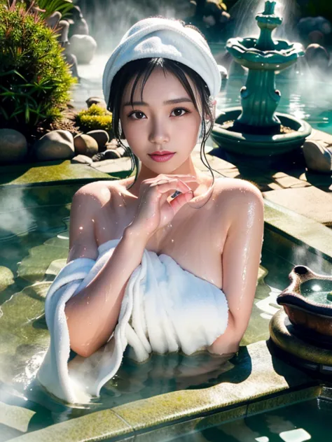 (masterpiece), (best quality:1.4), Ridiculous, [:intricate details:0.2], 1 girl, (naked towel), (fountain, hot spring:1.2), hydr...