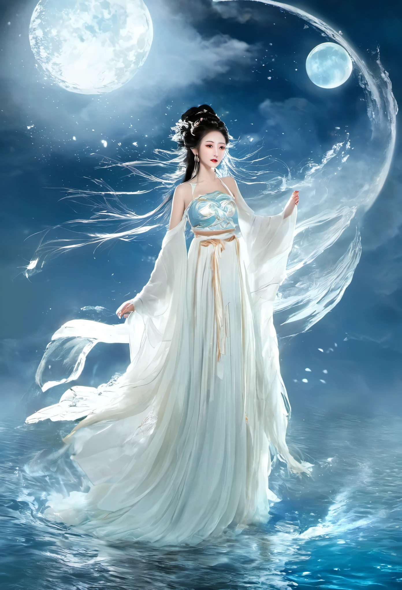 anime girl in a white dress floating in the water with a boat, xianxia fantasy, goddess of the moon, a beautiful fantasy empress, by Yang J, chinese fantasy, beautiful maiden, queen of the sea mu yanling, moon goddess, lunar goddess, flowing magical robe, beautiful celestial mage, by Leng Mei, ((a beautiful fantasy empress))