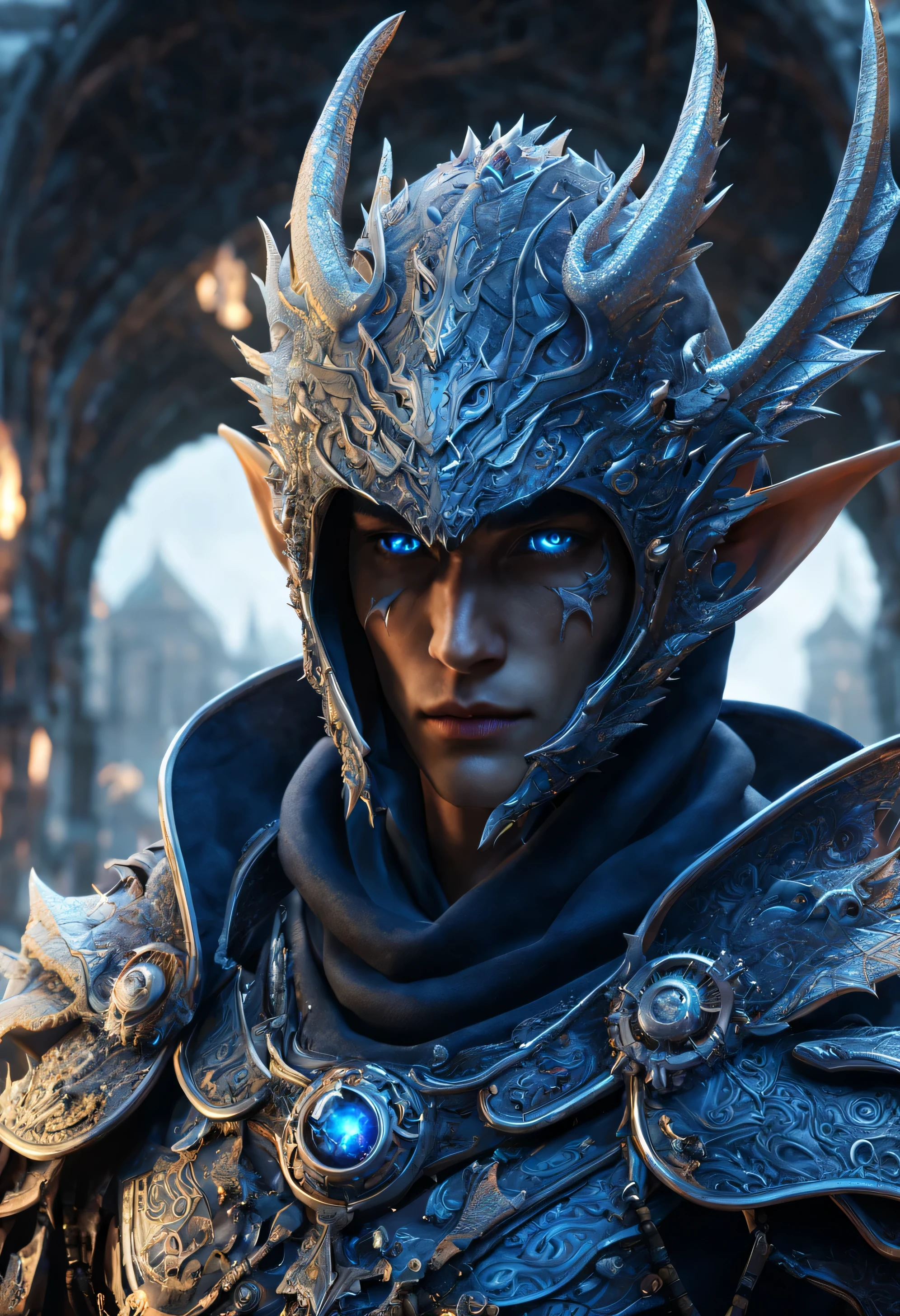 standing near a dragon is a gorgeous anime Half elf rogue male thai model with a black and deep blue hood outfit, highly detailed steampunk, eterochrome blue eyes, scars on the cheek Cyber eyes dark elf fighting a huge elven saddled armored dragon, dark demonic environment, highly detailed, unreal engine 5, battle field standing