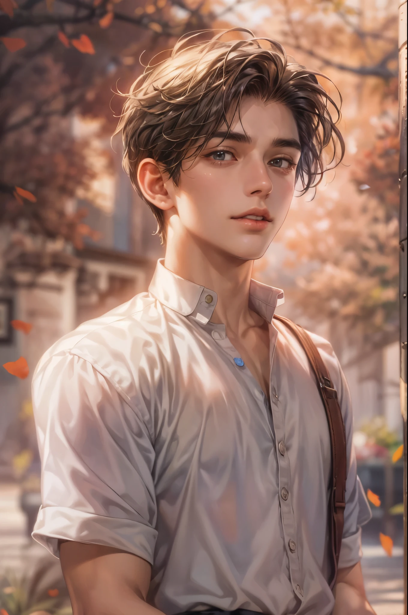 ((Best quality)), ((masterpiece)), (detailed), ((perfect face)), ((halfbody)) handsome face, male, teen boy,  perfect proportions , a character from movie damsel, short hair, male version of the main heroine , detailed background, detailed scenery background 