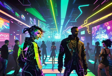 ultra detailed and sharpness, (cyberpunk friends: 1.4, in a nightclub: 1.4, dancing, enjoying with friends, in the background people dancing and having fun, disco lights, dark environment, with TV monitors and neon lights everywhere: 1.4 ), (absolute darkn...