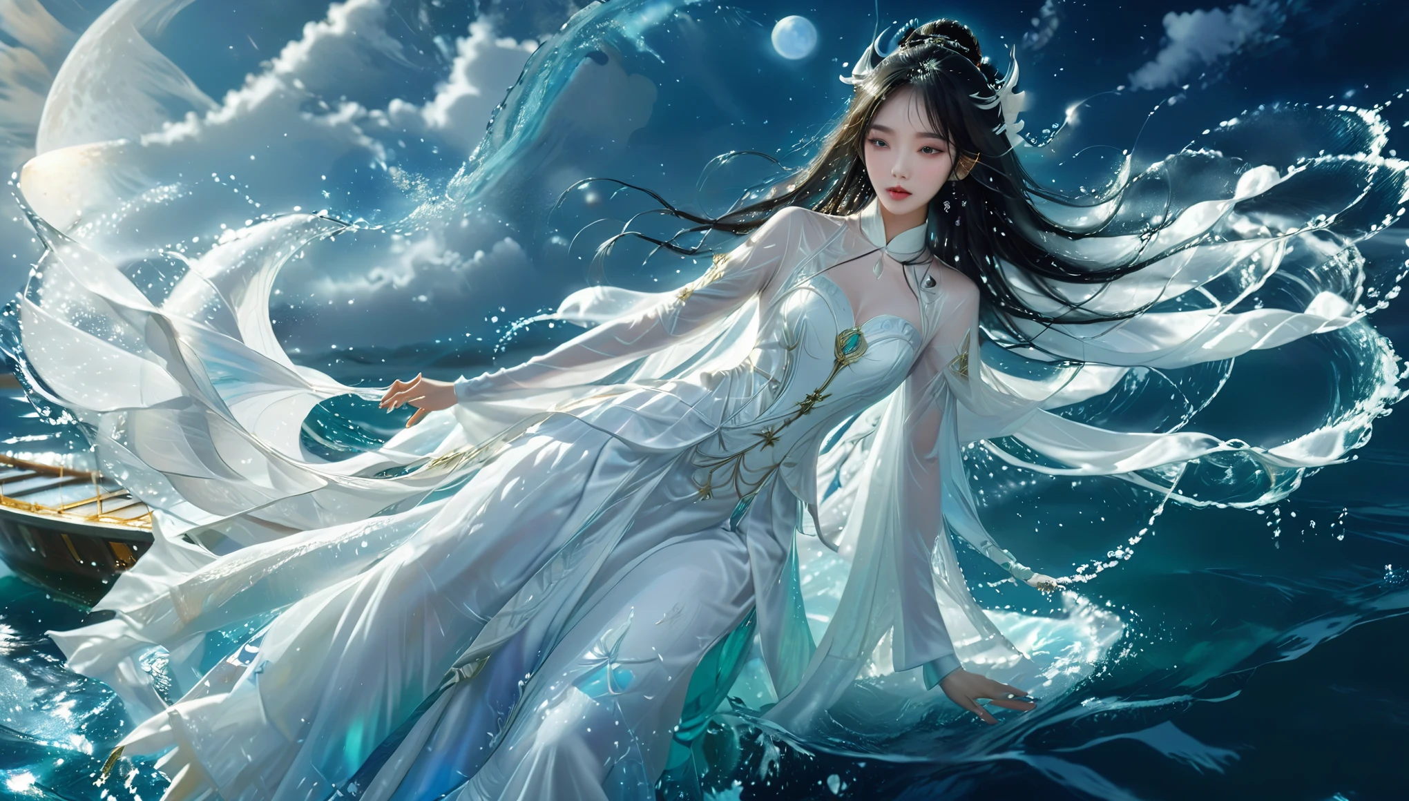 anime girl in a white dress floating in the water with a boat, xianxia fantasy, goddess of the moon, a beautiful fantasy empress, by Yang J, chinese fantasy, beautiful maiden, queen of the sea mu yanling, moon goddess, lunar goddess, flowing magical robe, beautiful celestial mage, by Leng Mei, ((a beautiful fantasy empress))