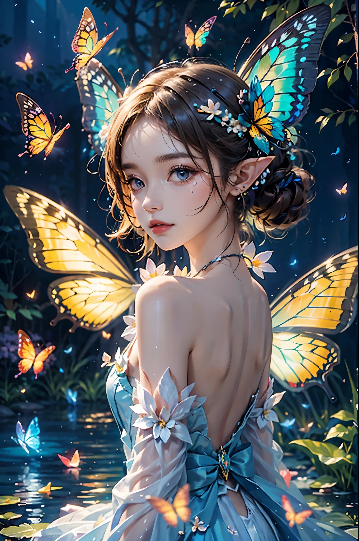 best quality，masterpiece，16k，1girl,Butterflies on the Head,Butterfly on shoulder, antennae,Butterfly in hand, blonde hair, blue butterfly, blue flower, blue wings, blurry, blurry background, blurry foreground, butterfly, butterfly hair ornament, butterfly on hand, butterfly wings, daisy, depth of field, earrings, fairy, fairy wings, flock, flower, flying, garden, glowing, glowing butterfly, glowing wings, hair ornament, ice wings, insect wings, lily \(flower\), lotus, motion blur, multicolored wings, nose, on head, on shoulder, pink flower, pink wings, pointy ears, purple flower, short hair, solo, stud earrings, upper body, vaporeon, white butterfly, white flower, wings, yellow butterfly, yellow flower, yellow wings,Dawn Elf,dawn,glow,Glowing wings,Dress,Multiple butterflies,Glowing Butterfly