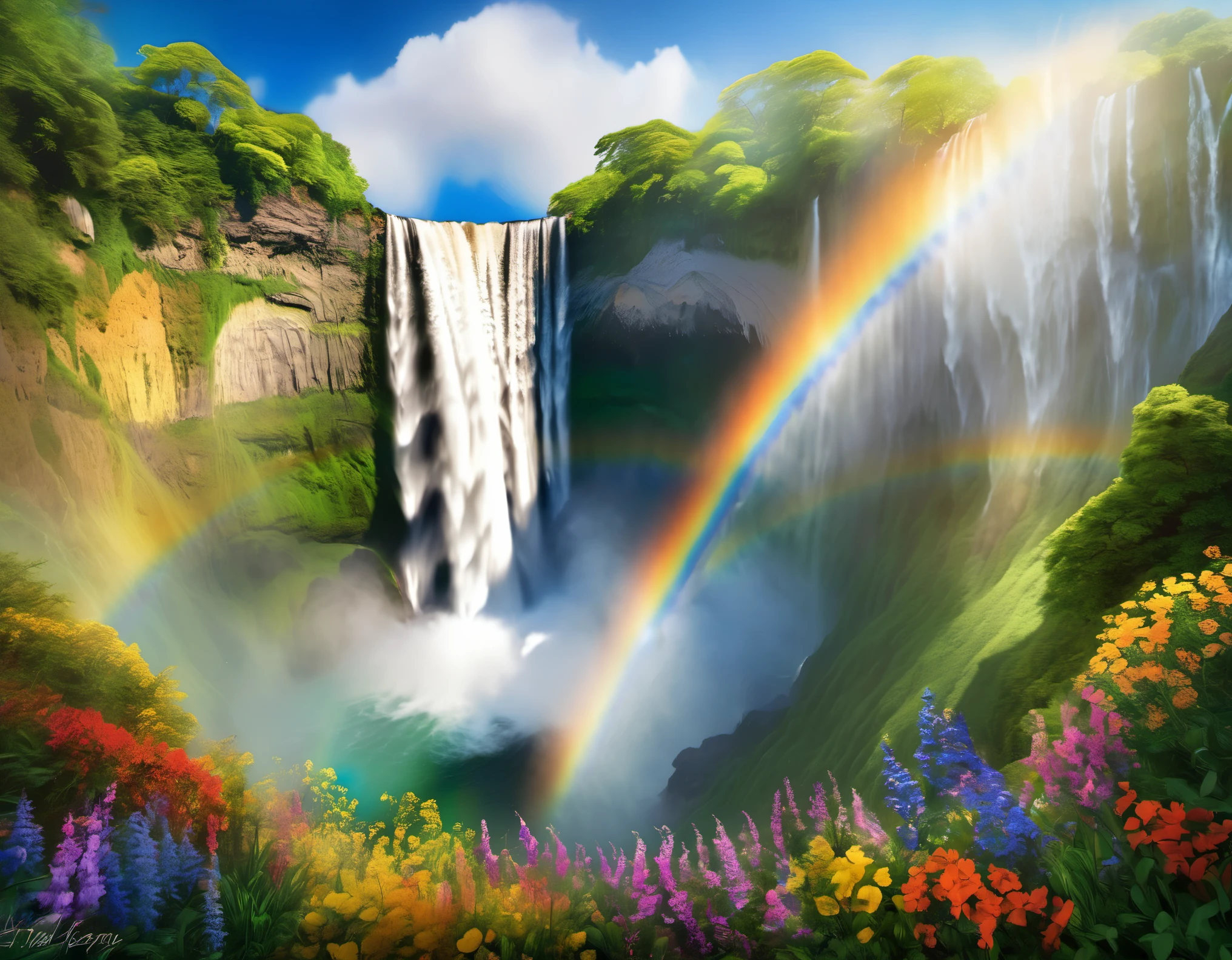 Ultra-high definition, extra detailed and hyper-realistic image: 1 waterfall, extensive, cascading down a cliffside, surrounded by radiant rainbow colors. Lush, cool greenery and an abundance of vibrant flowers adorn the landscape surrounding the waterfall, creating a breathtaking and picturesque scenery. The water droplets gleam in the soft sunlight, reflecting the various hues of the rainbow. A truly captivating, masterpiece-worthy photograph in 32k resolution.