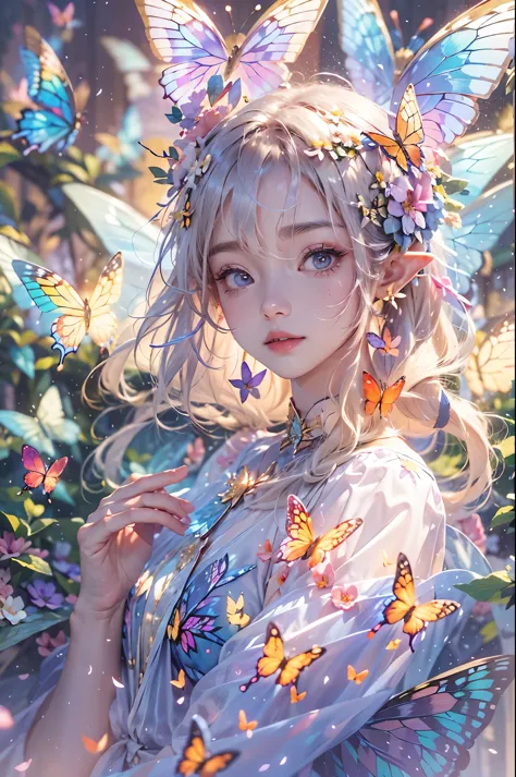 best quality，masterpiece，16k，1girl,butterflies on the head,butterfly on shoulder, antennae,butterfly in hand, blonde hair, blue ...