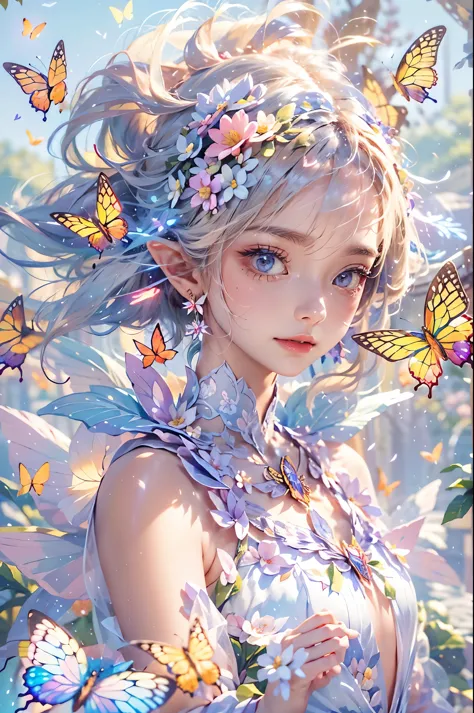 best quality，masterpiece，16k，1girl,butterflies on the head,butterfly on shoulder, antennae,butterfly in hand, blonde hair, blue ...