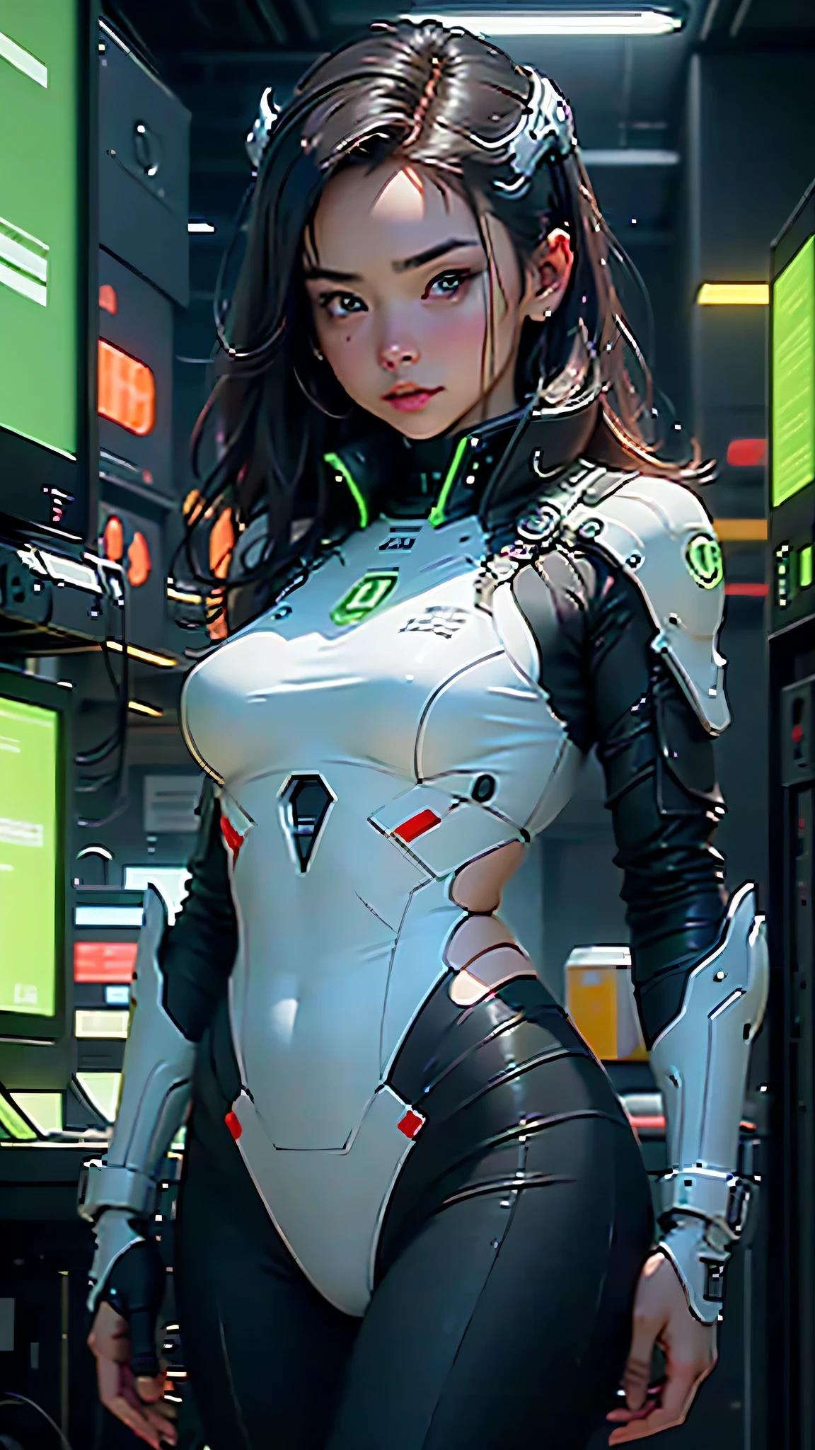 ((highest quality)), ((masterpiece)), (very detailed:1.3), 3D, beautiful (cyber punk:1.3) Female hacker with thick and voluminous hair working with a computer terminal, computer server, LCD Screen, fiber optic cable, corporate logo,HDR (high dynamic range),ray tracing,NVIDIA RTX,super resolution,unreal 5,scattered below the surface,PBR texturing,Post-processing,anisotropic filtering,written boundary depth,maximum clarity and sharpness,multilayer texture,Albedo and specular maps,surface shading,Accurate simulation of light-matter interactions,perfect proportions,octane rendering,two-tone lighting,Low ISO,White balance,Rule of thirds,wide caliber,8K RAW,efficient subpixel,subpixel convolution,luminescent particles,  