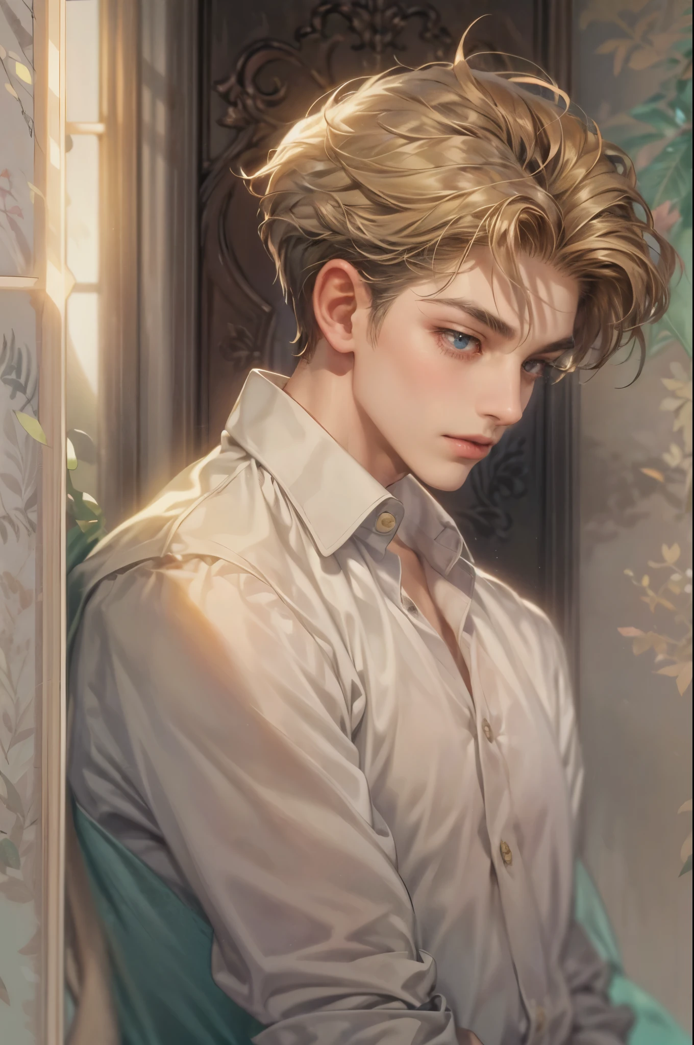 ((Best quality)), ((masterpiece)), (detailed), ((perfect face)), ((halfbody)) handsome face, male, teen boy,  perfect proportions , a male version character from the little mermaid, short hair, male version, detailed background, detailed scenery background 