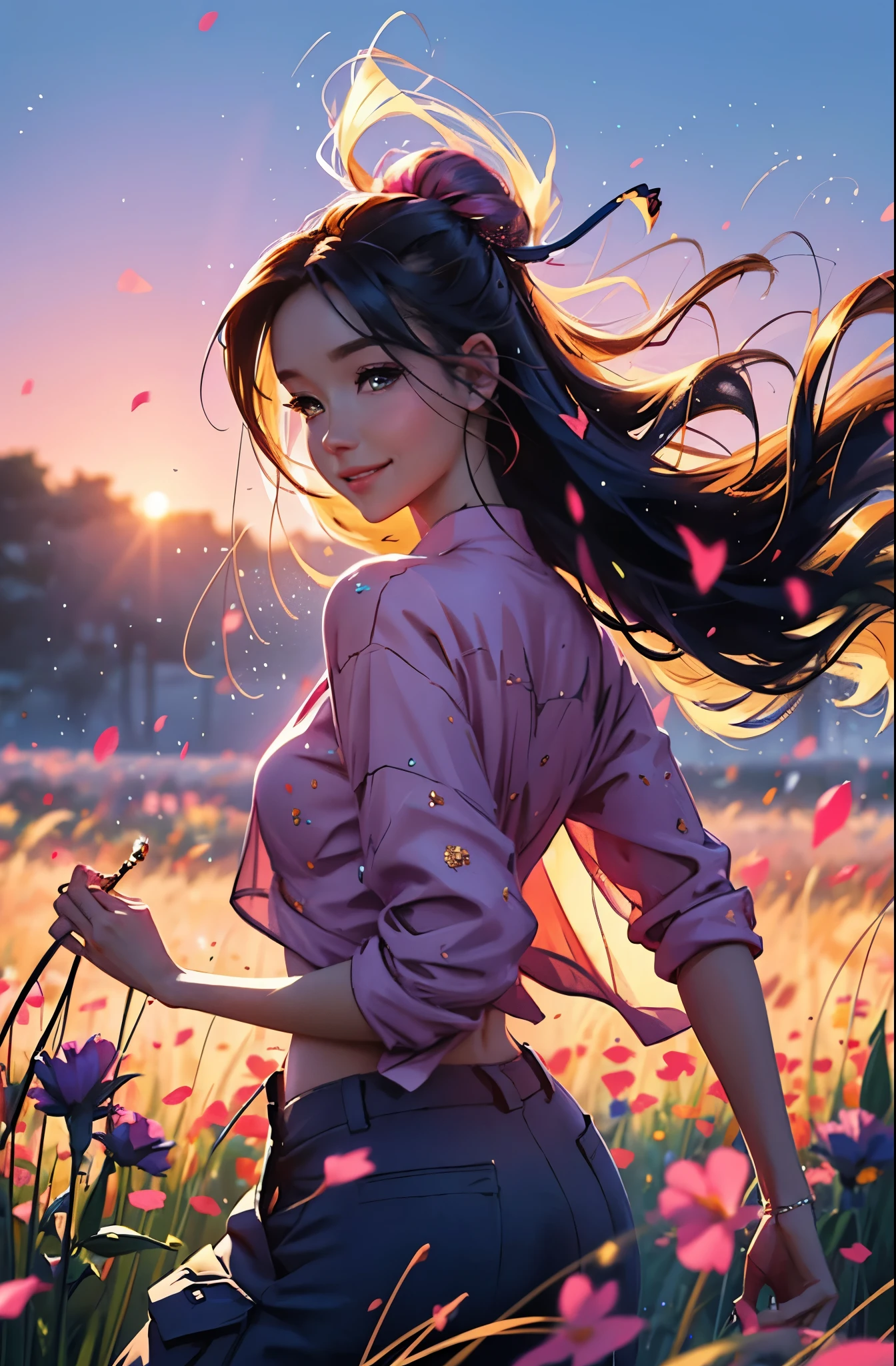 award winning digital art, half body portrait of a beautiful woman in a pink silk shirt and cargo pants with navy blue teal hairstyle with head in motion and long hair flying, big smile, sparkling eyes, sexy, in a flower field, golden sunset, particles dust, glitter, paint splashes, splatter, outrun, vaporware, shaded flat illustration, digital art, trending on artstation, highly detailed, fine detail, intricate