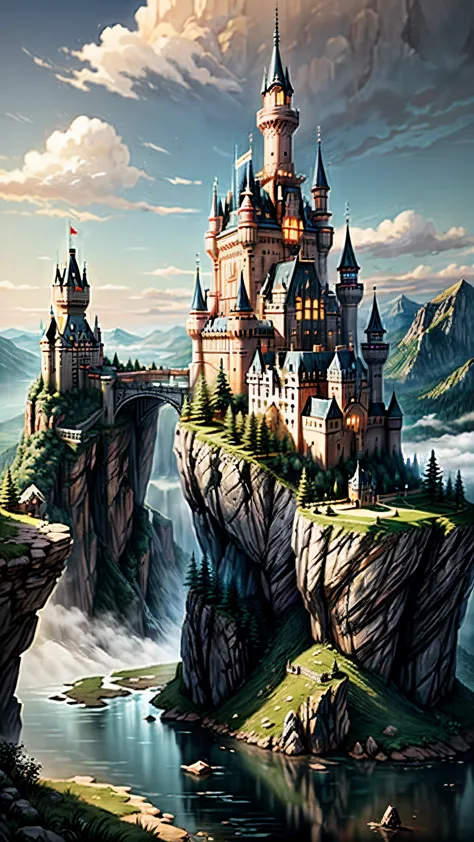 a painting of a castle on a mountain with a river running through it, high fantasy castle, fantasy castle, epic castle with tall...